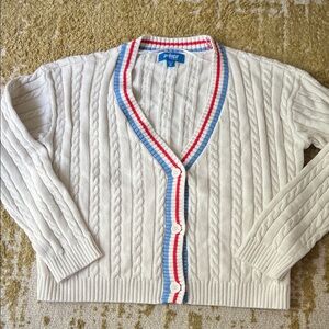 Prince Women's Ivory Cable Knit Cardigan with Red and Blue Accents